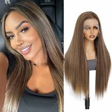 28英寸长柔软直发黑色卡尼卡隆合成耐热纤维13x6高清蕾丝前假发，带预先拔毛的婴儿发，无需胶水 - 彩色 - 查看 9