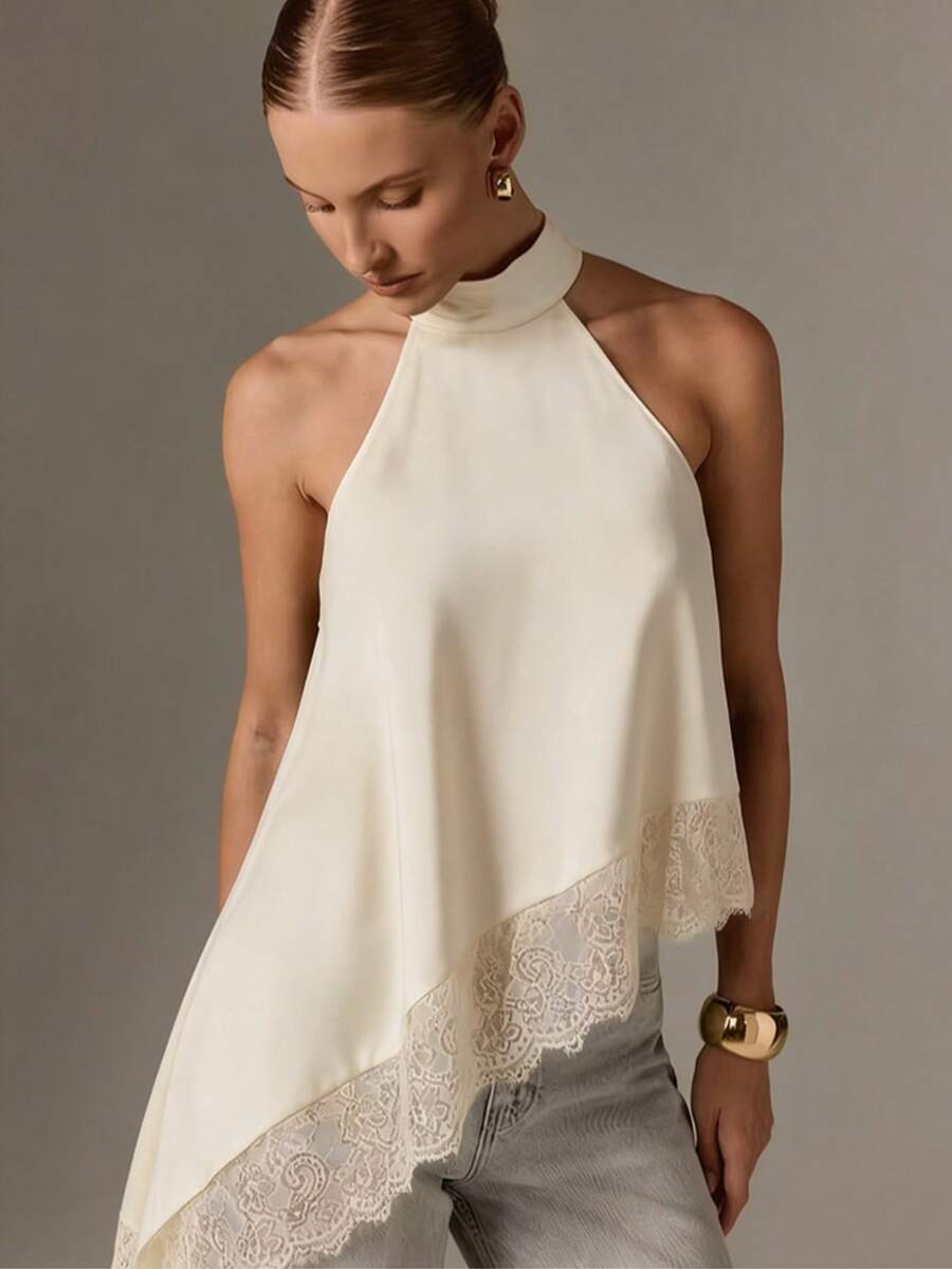 Áo hai dây màu đen dành cho nữ, vạt áo bất đối xứng, thiết kế hở lưng, viền ren tương phản, chiều dài tiêu chuẩn, thích hợp cho mùa hè. - Màu be - Xem 1