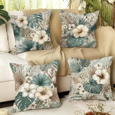 MEMNUN 4pcs Vintage Tropical Floral Print Pillow Covers [No Pillow Insert], 17.7*17.7in(45*45cm)/19.69*19.69in(50*50cm)/15.75*15.75in(40*40cm), [Single-Sided Printing] Summer Relaxing Hibiscus Palm Leaf Cushion Covers For Sofa, Bed, Living Room, Bedroom, Car, Office, Hotel Decor, Throw Pillow Cases For All Seasons, Perfect Gift For Family And Friends