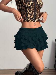 Solid Color Versatile Comfortable Ruffle Hem New Puff Shorts, Mini Hotpants For Girls Summer - Dark Green - View 3