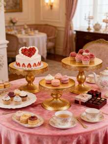 Set Of 3 Round Metal Cake Stand Set, Displaying Table For Birthday Party Cake Display Baby Shower Wedding Pastry Decor Supplies Cupcake Dessert Decoration,Dessert Table Display Set/Food Display Stands/Christmas Decor/Funny Gifts - 金色 - 查看 5