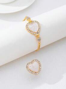 1 Set Elegant & Versatile Heart-Shaped Bracelet & Ring Jewelry Set, Suitable For Gifts, Parties, Dates, And Outfits - White - View 2