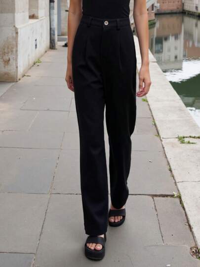 Women's High Waist Solid Color Casual Trousers, Draping, Straight Leg, Slimming, Loose Fit Casual Pants