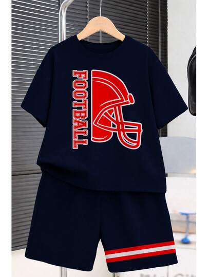 Set de 2 piezas con camiseta de manga corta de cuello redondo y pantalones cortos casuales para niños preadolescentes, adecuado para el verano