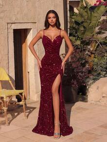 ADYCE 吊带褶皱高开衩正式礼服，优雅亮片礼服，适合晚宴、婚礼宾客、新年派对等场合。 - 酒紅色 - 查看 1
