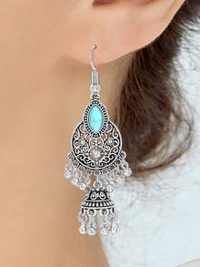 一对波西米亚风仿绿松石几何耳环，适合女性日常佩戴和作为礼物 - 復古銀色 - 查看 5