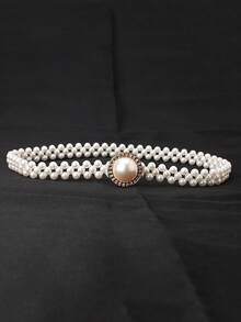 Women's Rhinestone Pearl Waist Chain Flower Buckle Belt Elegant Dress Decoration For Wedding And Party - E - 查看 1