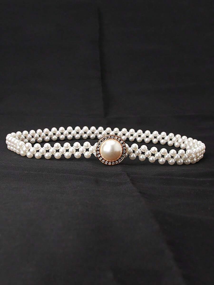 Women's Rhinestone Pearl Waist Chain Flower Buckle Belt Elegant Dress Decoration For Wedding And Party - E - 查看 1