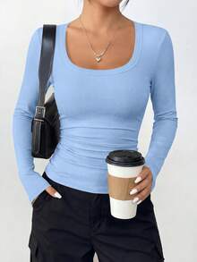PRETTYGARDEN Women Spring And Fall Long Sleeve Shirts Clothes Cute Going Out Tops Ribbed Tight Fitted Plain Basic Tee Tshirts Vacation Outfits For Women - 天空藍 - 查看 4