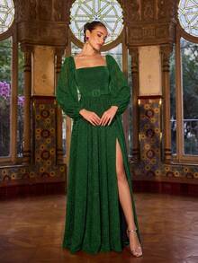 Faeriesty 优雅方领长灯笼袖女士派对长裙 | 可拆卸腰带，褶皱腰部设计饰以水钻，高开衩，闪亮面料，修身剪裁，适合新年婚礼春季穿着 - 墨綠色 - 查看 1