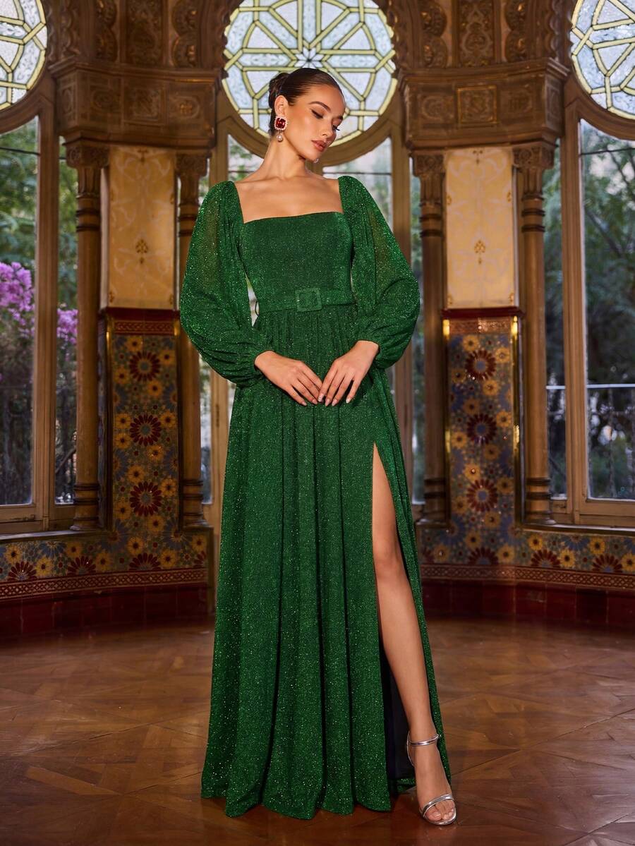 Faeriesty 优雅方领长灯笼袖女士派对长裙 | 可拆卸腰带，褶皱腰部设计饰以水钻，高开衩，闪亮面料，修身剪裁，适合新年婚礼春季穿着 - 墨綠色 - 查看 1