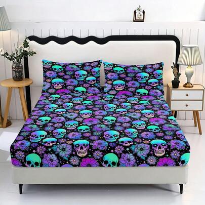 3-Piece Set Of Colorful Skull Pattern Printed Bed Sheet Set (1 Bed Sheet, 2 Unfilled Pillowcases), 2D Flat Printing, One Set To Create A Romantic Atmosphere In The Bedroom, Bedroom Home Decoration, And A Must-Have For Romantic Bedroom Bedding