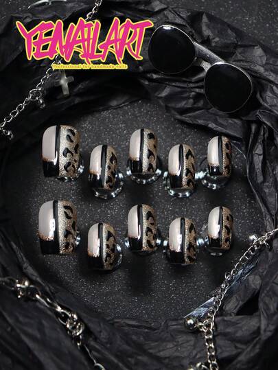 Elegant 10pcs Fake Nails Cheap Short Square,French Tip,Black Color,Gold Leopard Printing,Natural Looking Base,Nordic Full Cover Handmade Press On Nail,Nail Art For Women And Girls Daily & 1pc Mini Nail File & 1 Sheet Adhesive Tabs,Suitable For Daily, Outdoor, Holiday Wear Press On Nails Supplies Handmade Press On Nails