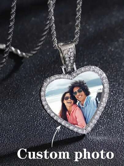 Customized Heart-Shaped Pendant Necklace, Fashionable Hip-Hop Full Crystal Love Photo Locket, Couples Zinc Alloy Jewelry Inlaid With Rhinestones - Neutral Style, Ideal Gift For Boyfriend/Girlfriend, Mom, Family, Friends, Grandparents, Anniversary, Birthday, Daily Wear, Prom, Mother's Day, Valentine's Day, Graduation