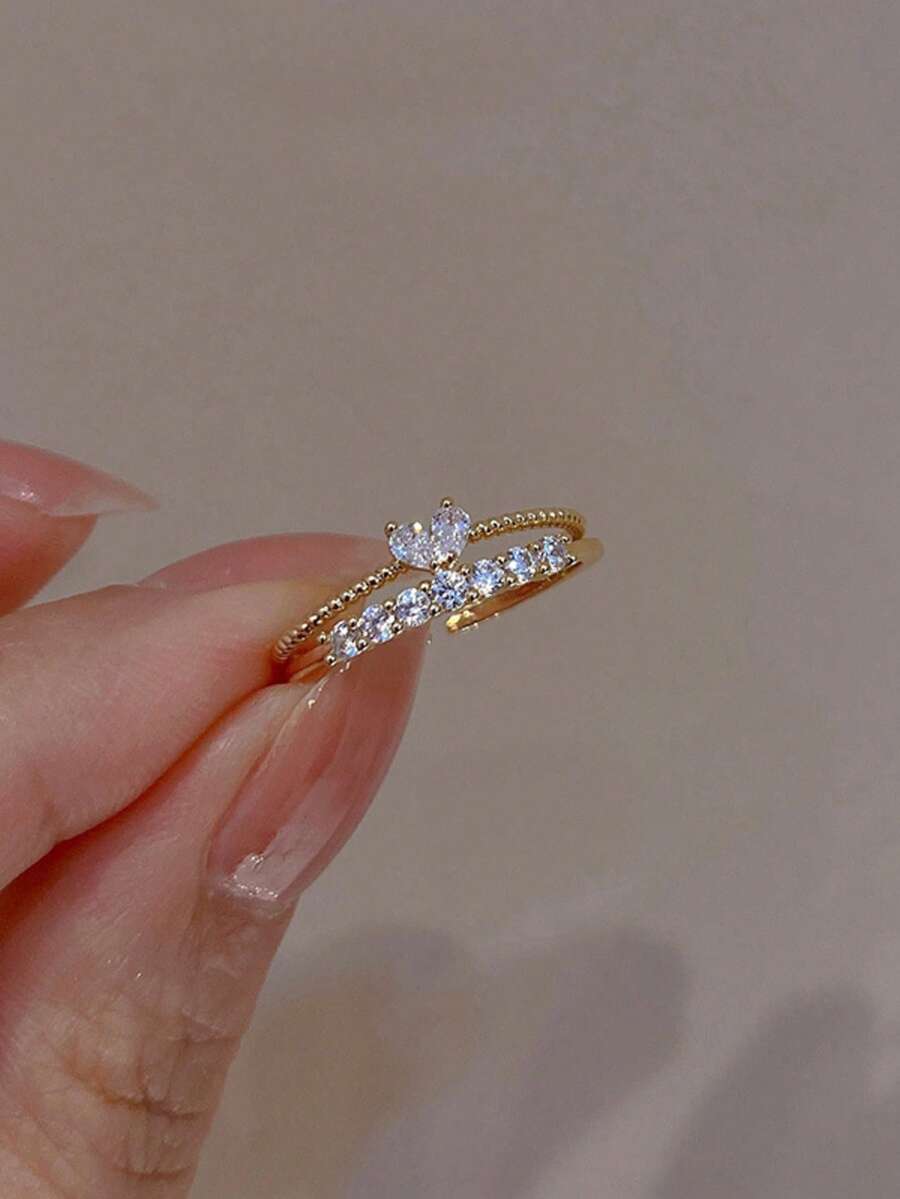 2枚金色心形锆石开口戒指，ins风奢华精致指节戒指，情侣小指戒指 - 金色 - 查看 1