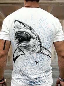 Men's Round Neck Shark Print Casual Vacation Short Sleeve T-Shirt - Multicolor - View 2