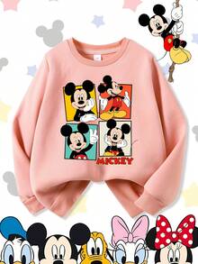 Disney Mickey Mouse Retro 4-Panel Grid Classic Poses Kids Comfortable Print Young Girls' Long Sleeve Sweatshirt, Suitable For Autumn/Winter, Lightweight And Cozy, Great For Layering In Fall, Fashionable Casual Wear, Graphic Design, Back To School Season, Autumn, Back To School Party, Suitable For Outdoor Picnic, Street Photography, Home, Campus, Holidays, New Year Gift - 粉色 - 查看 2
