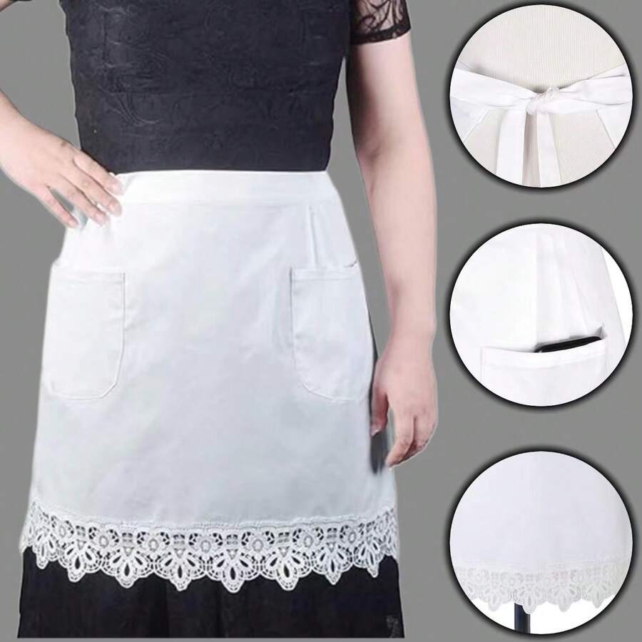 Women's Lace Apron With Pockets, Vintage Ruched Dress Style Cooking Apron For Kitchen, Waitress Uniform - White - View 1