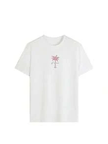 Summer TopsWomen's Minimalist Coconut Tree Slogan Print Casual Round Neck Short Sleeve T-Shirt, Simple & Versatile, Suitable For Daily & Holiday Wear - 白3 - 查看 4