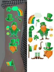 Luminous St. Patrick'S Day Tattoo Stickers, Glow In The Dark, 10 Sheets With 120+ St. Patrick'S Day Element Series Patterns, Shamrock Green Hat Elf Irish Flag Patterns, Holiday Party Parade Celebration Face Arm Makeup Temporary Tattoo Stickers - Multicolor - View 5