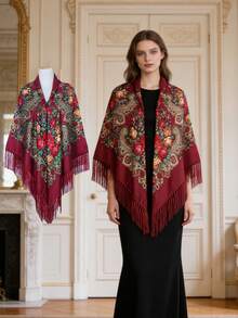 NAAMLOOS 1pc 155x155cm Floral Print Bohemian Vintage Polyester Tassel Oversized Scarf/Shawl, High-End, Versatile For Women, All Seasons - Multicolor - View 13