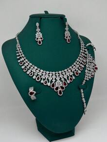 4pcs Luxury Pearl Embellished White, Red, Green Zirconia Jewelry Set, Middle Eastern Dubai Style Bridal Party Accessories, Wedding Gift - Red - View 4