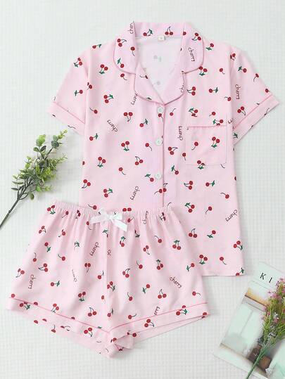 2pcs/Set Comfortable Cherry Print Short Sleeve Collared Top With Pocket And Bow Shorts Pajama Set For Women