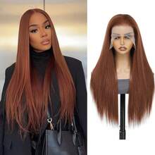 28英寸长柔软直发黑色卡尼卡隆合成耐热纤维13x6高清蕾丝前假发，带预先拔毛的婴儿发，无需胶水 - 彩色 - 查看 16