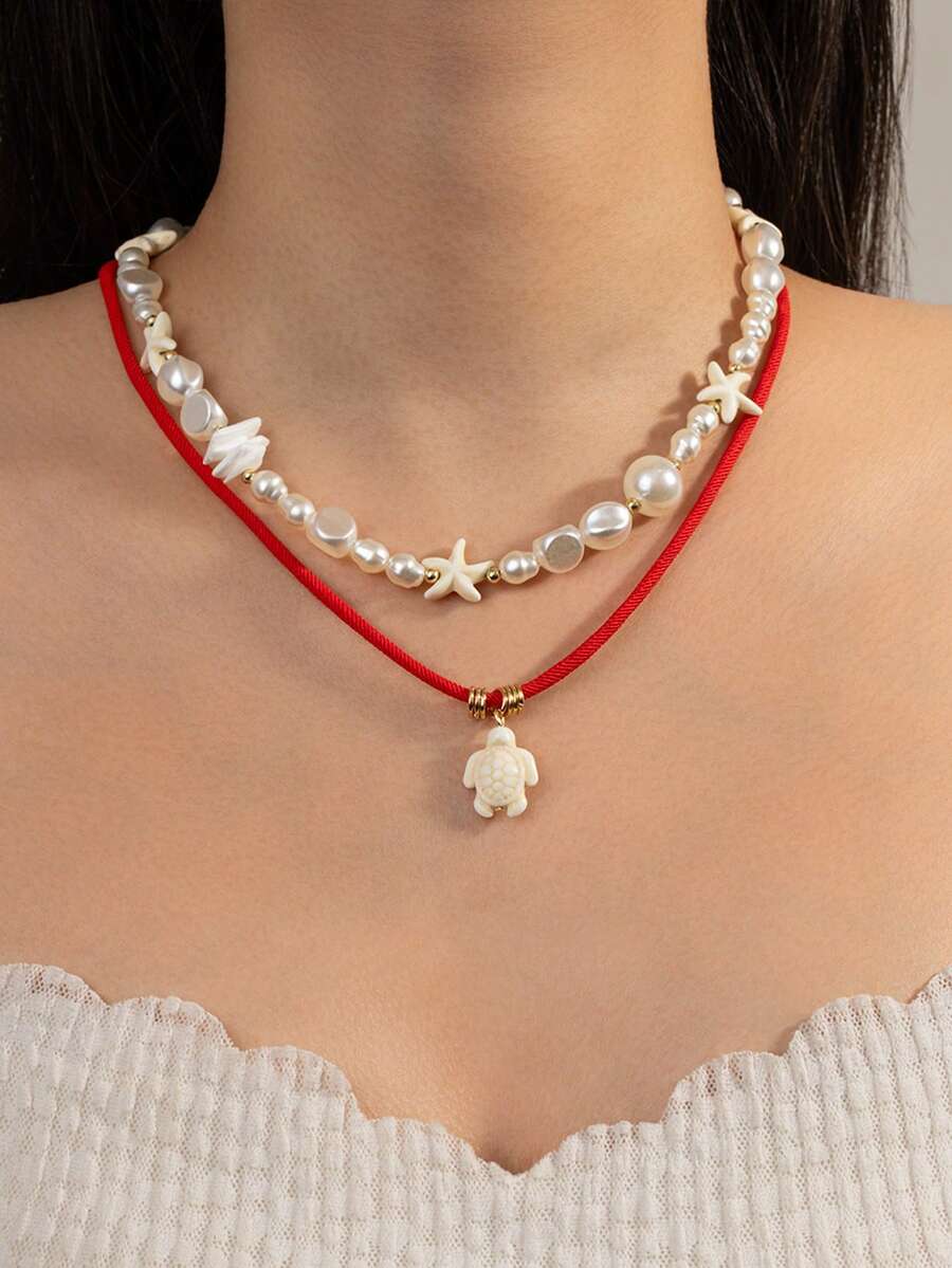 2件套波西米亚海滩风叠层海星和海龟吊坠项链，适合女性日常、通勤、度假和休闲穿着 - 彩色 - 查看 1