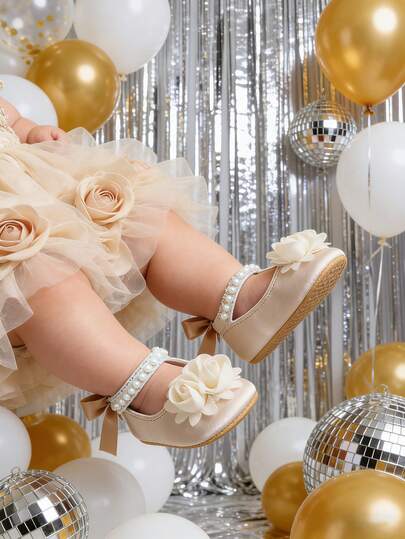 女婴玛丽珍平底鞋 - 婴儿新生儿学步鞋，软橡胶鞋底，公主风，适合婚礼、新生儿、幼儿，适合学步、连衣裙等场合。