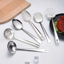 Stainless Steel Practical Tableware Set, Divided Service Spoon, Divided Service Ladle, Flat Spatula, Strainer Spatula, Soup Spoon, Ladle, Hotel & Restaurant Practical Fork & Spoon Service Tableware Set, Home Cooking Utensils - - - View 6