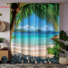 2 tấm rèm cửa họa tiết bãi biển nhiệt đới, chất liệu polyester 120g, kiểu may túi luồn thanh treo, in chuyển nhiệt họa tiết mùa xuân, bán trong suốt, theo mùa, rèm trang trí cho phòng khách, phòng ngủ, kiểu xếp ly trên, có thể giặt máy. - Nhiều màu - Xem 9