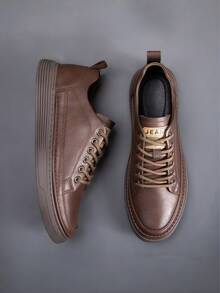 Men's Leather Lace-Up Low Top Casual Sneakers, Non-Slip Wear-Resistant Thick Sole Comfortable Fashion Walking Shoes For Daily Commute Outdoor Activities Business Casual Daily Wear - 棕色 - 查看 3