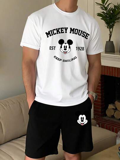 Disney 2pcs Mickey Mouse Print Men's Casual Loungewear Set, Round Neck Top And Shorts, Suitable For Spring/Summer
