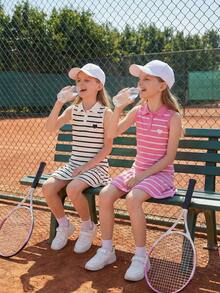 2 peças Vestido Casual e Confortável para Meninas com Padrão Listrado, Bainha Franzida e Gola Polo Sem Mangas - Multicolorido - Visão 2