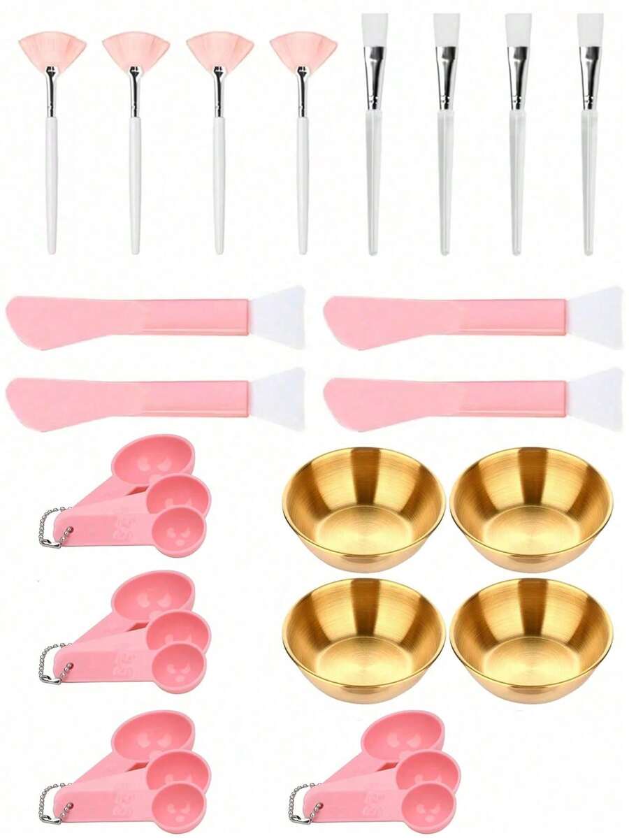 2/3/5/10/20/40件套面部护理混合面膜工具套装，包含面膜搅拌碗、面膜搅拌刷、量勺，美容师用品，面部护理SPA工具，DIY面膜搅拌盘，面膜涂抹刷套装，玫瑰金面膜碗，扇形刷，扁平刷，量勺，双头硅胶涂抹刷 - A - 查看 1