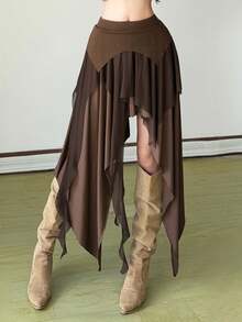 女士开衩不对称腰身修身百搭半身裙 - 棕色 - 查看 5