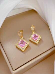 Fashionable Bestselling Square Pendant Necklace And Earrings Jewelry Set For Women - Pink - View 3