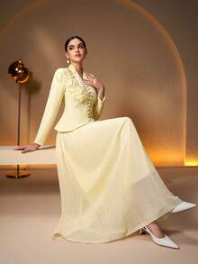 2pcs Women's Elegant V-Neck Applique Design Pleated Dress, Suitable For Daily, Festival, Casual Occasions, Solid Color Spring - Pale Yellow - View 7