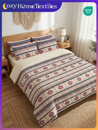 2/3pcs Bedding Set (1pc Duvet Cover + 1/2pcs Pillowcase, Without Filler), Bohemian Geometric Print, Comfortable Breathable Bedding Set, Skin-Friendly Soft Anti-Pilling, Suitable For Double/Full/Queen/King Size Bed, All Season Use