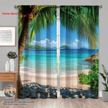 2 tấm rèm cửa họa tiết bãi biển nhiệt đới, chất liệu polyester 120g, kiểu may túi luồn thanh treo, in chuyển nhiệt họa tiết mùa xuân, bán trong suốt, theo mùa, rèm trang trí cho phòng khách, phòng ngủ, kiểu xếp ly trên, có thể giặt máy. - Nhiều màu - Xem 6