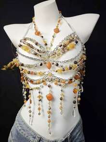 2026 Spring/Summer New Chiffon Shawl, Bikini Accessories, Unisex Body Chain, Sexy Pearl Chest Chain Lingerie, Exotic Transparent Bra Decor For Beach, Party, Holiday, Music Festival - 棕色 - 查看 7