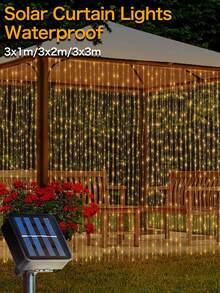 1个太阳能LED花环窗帘灯，8种模式，适用于窗户、户外，防水，仙女灯串，适用于婚礼、庭院、派对、楼梯家居装饰、秋季装饰、室内装饰、室外装饰 - 暖白 - 查看 2