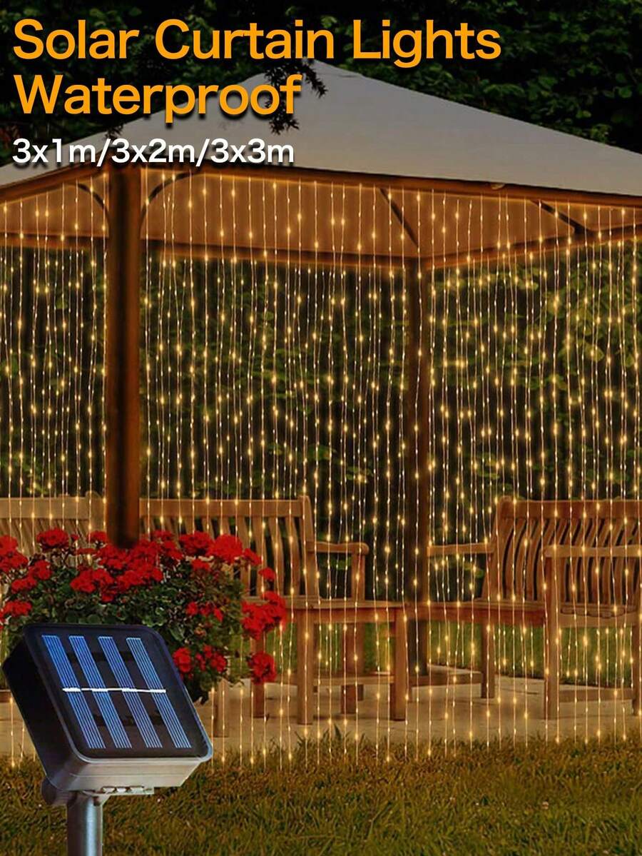 1个太阳能LED花环窗帘灯，8种模式，适用于窗户、户外，防水，仙女灯串，适用于婚礼、庭院、派对、楼梯家居装饰、秋季装饰、室内装饰、室外装饰