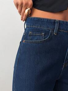 Women's Casual Flap Pocket Straight Leg Jeans, Autumn - Navy Blue - View 6