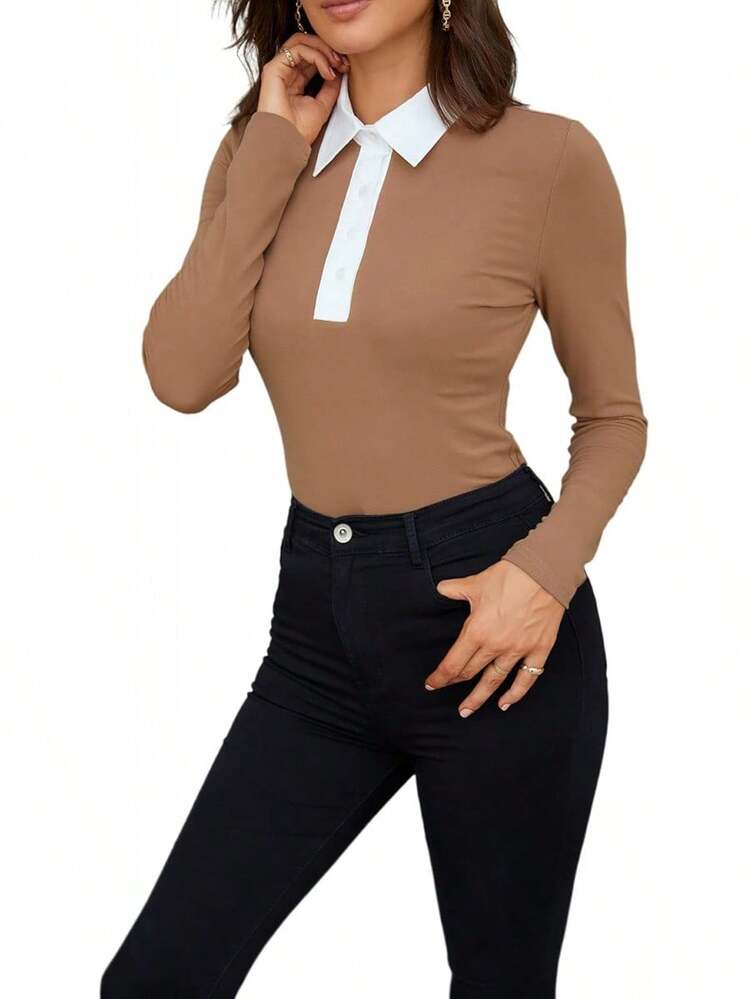 Womens Polo Shirts Fall Clothes For Women Lapel Collared V Neck Long Sleeve Tee Shirt - 50061 Coffee - View 2