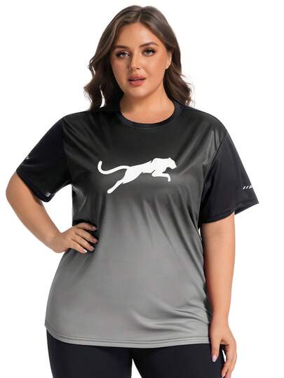 Women's Plus Size Sports T-Shirt, Leopard Print Gradient Color Round Neck Design, Quick-Dry Breathable Fabric, Suitable For Summer Outdoor Running, Fitness, Yoga, Loose Fit Short Sleeve