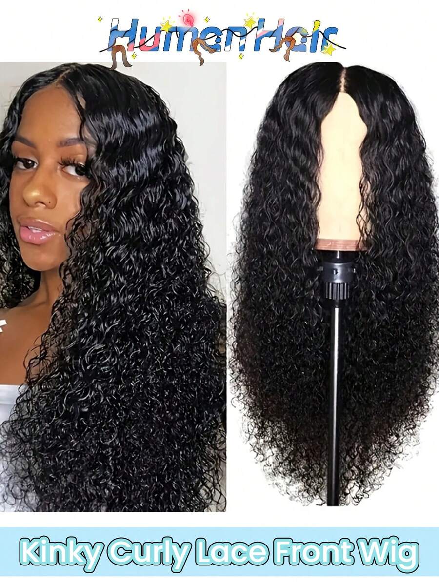 26英寸长卷曲蕾丝前假发，真人发丝，13x4透明蕾丝，蓬松卷曲，无需胶水，适合女性日常佩戴，150%密度，深波浪卷发，自然黑色，即买即用 - Natural Black - 查看 1