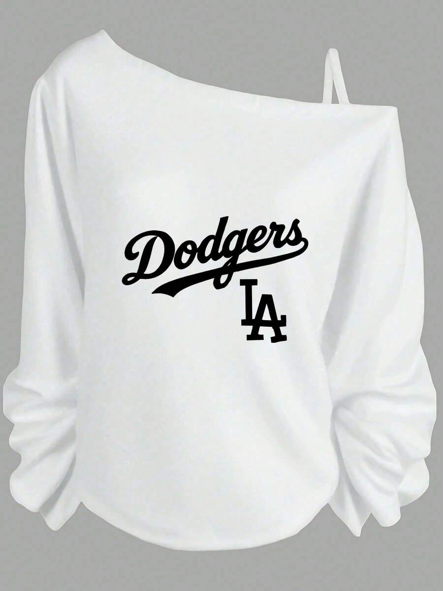Valentine's Day Outfits For Women, Dodgers Graphic Print, Off-The-Shoulder Sweatshirt, Casual Streetwear, Relaxed Fit-Vacation Outfits Women, Beachwear, Resort Wear, Summer Tops - 白色 - 查看 1