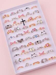 10pcs/Set Elegant Fashion Pink Crystal Rings, Butterfly & Heart Shaped, Romantic Date, Valentine's Day Gift, Daily Wear Jewelry - 10 Silver Pinky Rings - View 18